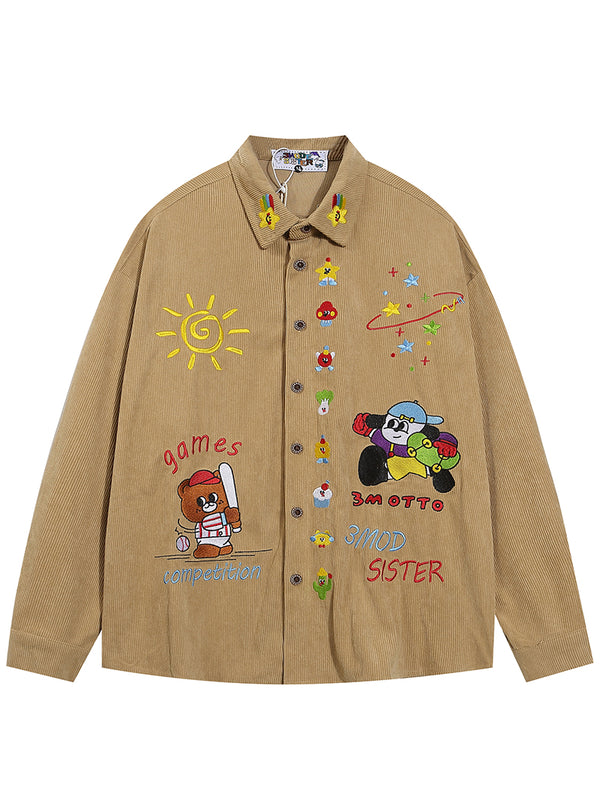 Stylish Corduroy Cartoon Embroidered Long Sleeve Button Up Shirts