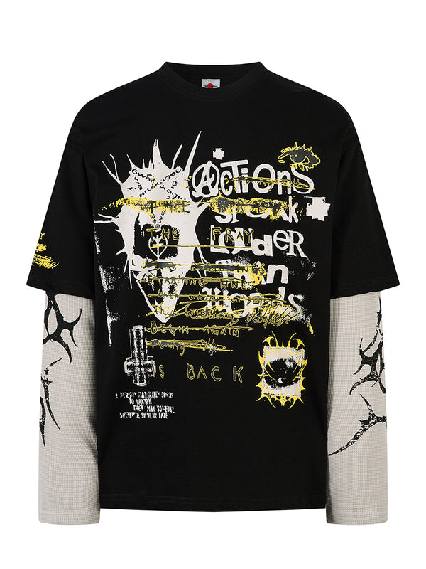 Streetwear Oversized Layered Graphic T-Shirt – Patchwork Sleeves