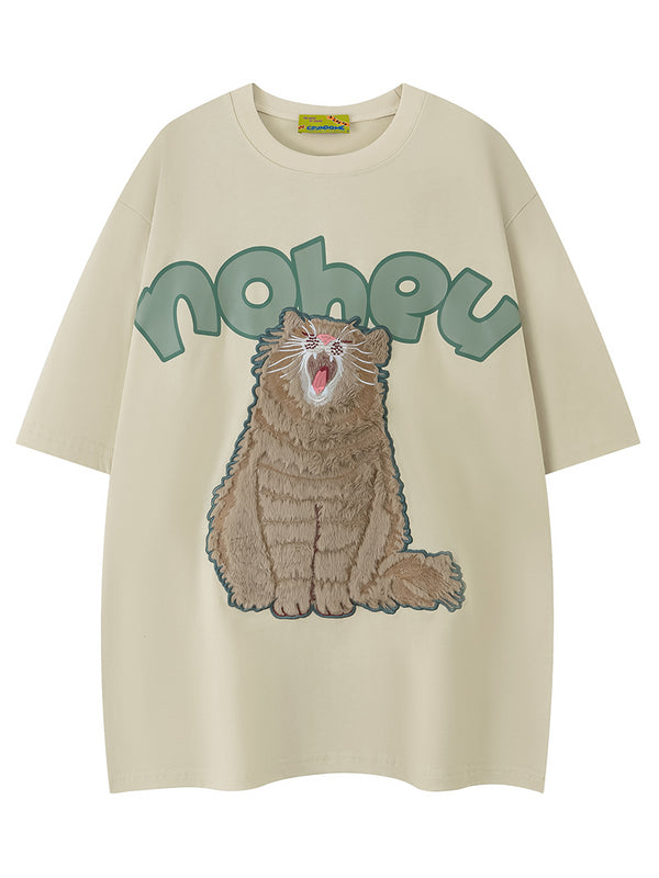 Streetwear Oversized Furry Cat Embroidery Graphic T-shirts