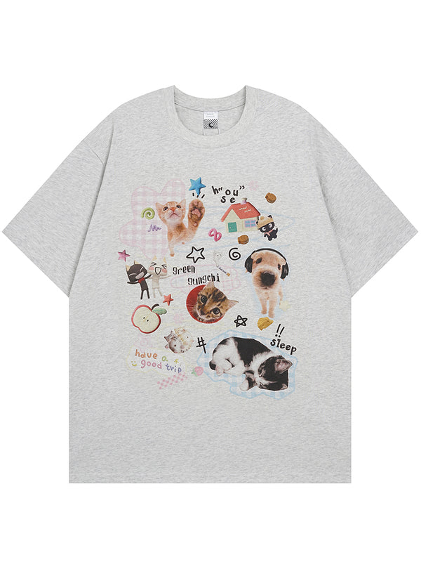 Cute Animal Collage Graphic Oversized T-Shirt Soft Cotton Relaxed Fit