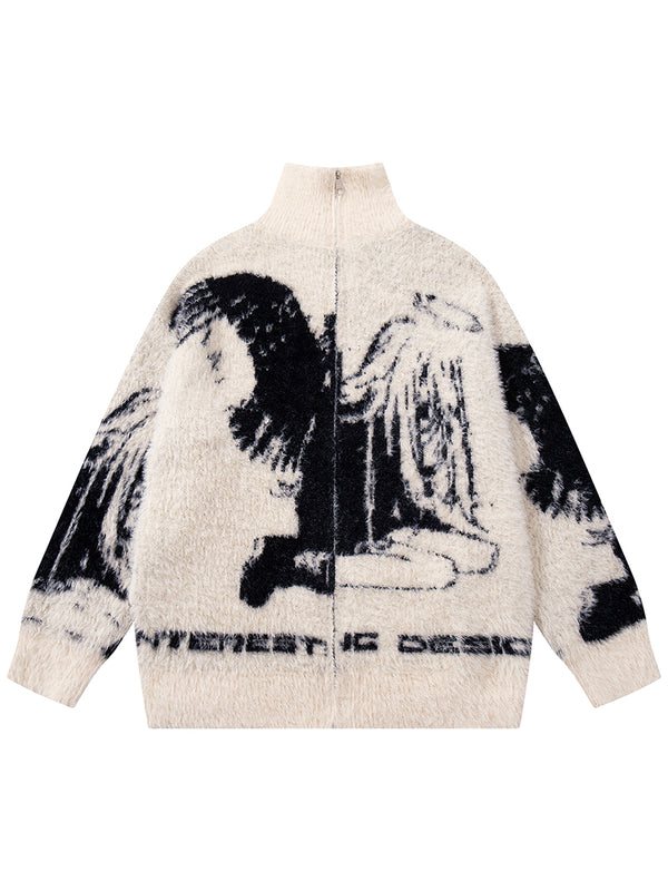 Streetwear Jacquard Winged Angel Zip Up Sweaters Outerwear Jackets