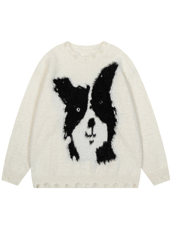 Oversized Dog Graphic Sweater – Fluffy Jacquard Knit Pullover
