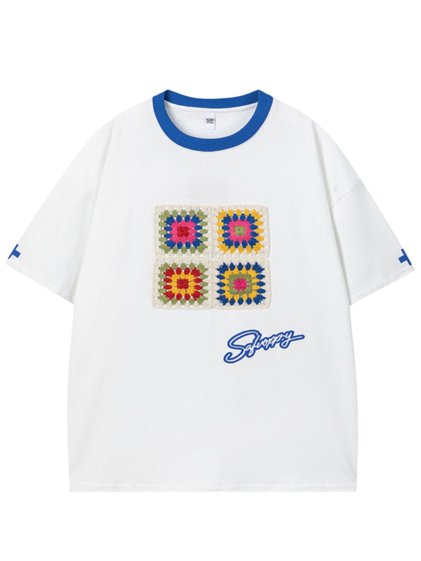 Vintage Crochet Patchwork T-Shirt - Loose Fit Casual Cotton Tee