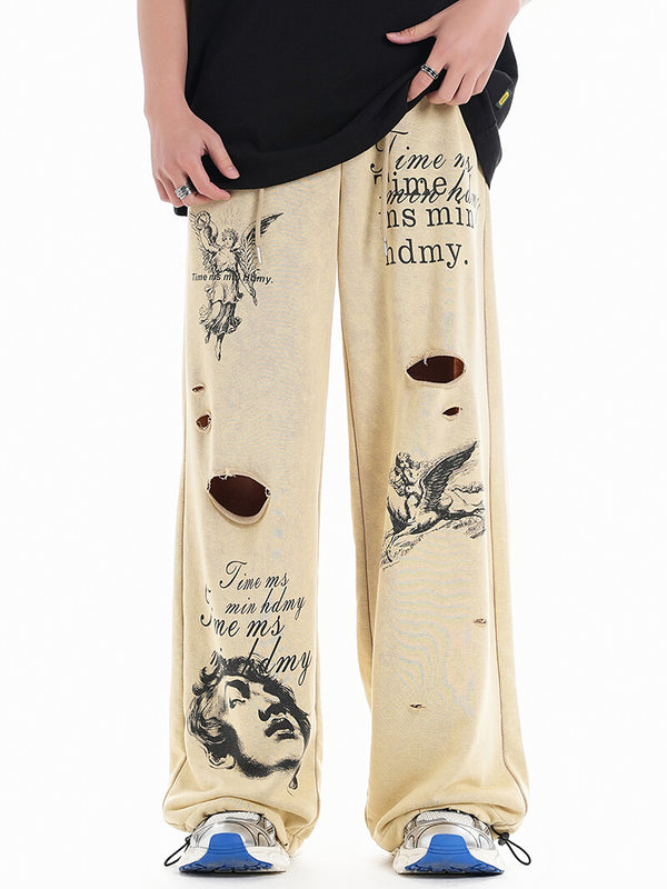 Ripped Hole Angel Letter Printed Beggar Streetwear Sweatpants