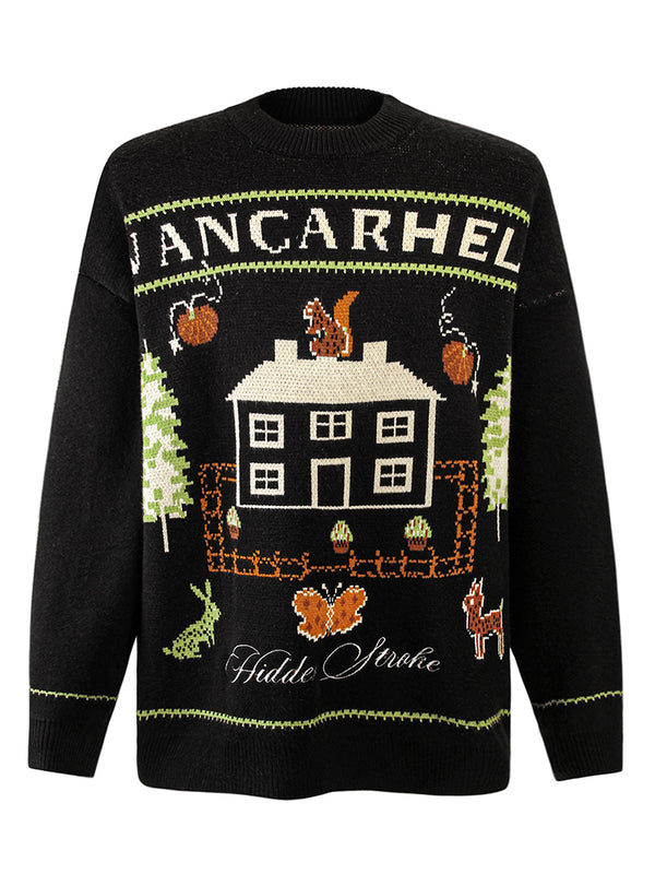 Cozy Cottage-Themed Graphic Knitted Pullover Sweaters