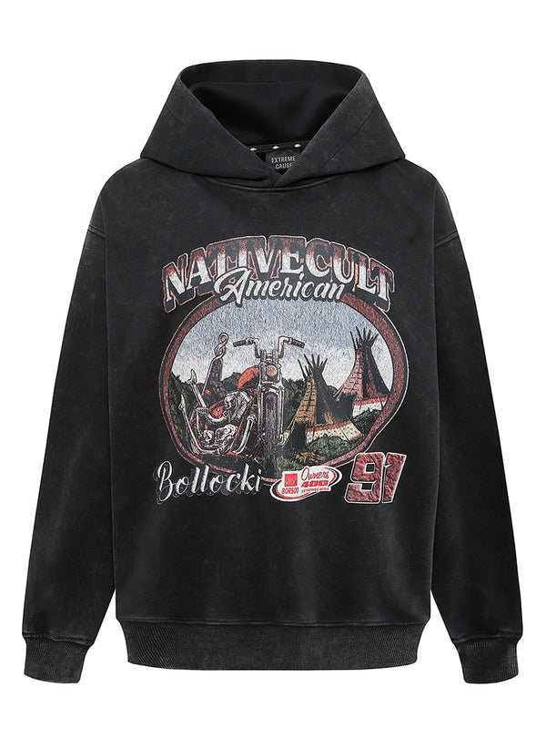 Vintage Motorcycle Graphic Printed Washed Pullover Hoodies