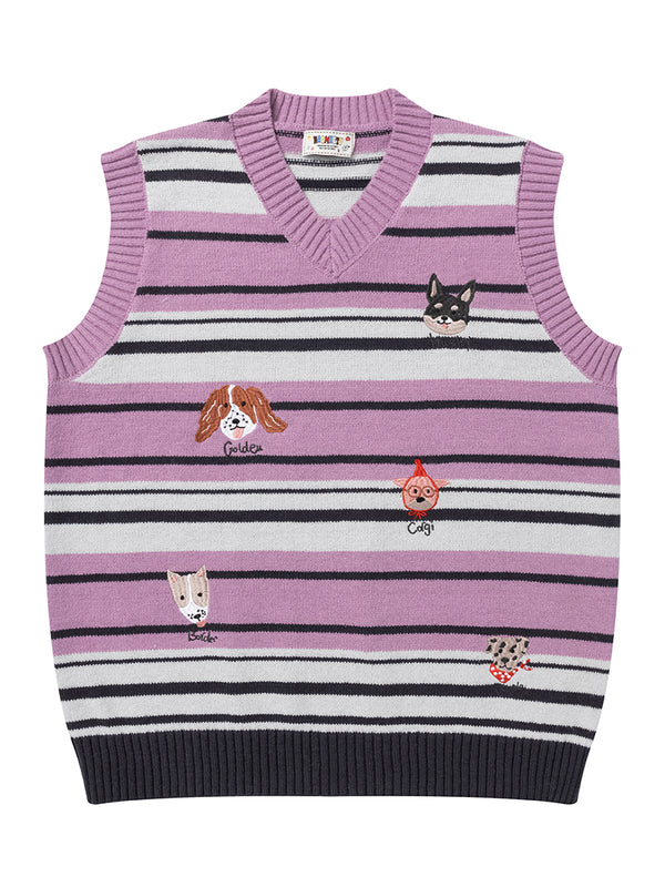 Cute Dog Embroidered Striped Sweater Vest – Casual Sleeveless Knitwear