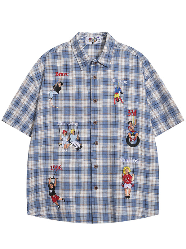 Vintage Cartoon Embroidered 100% Cotton Plaid Shirts