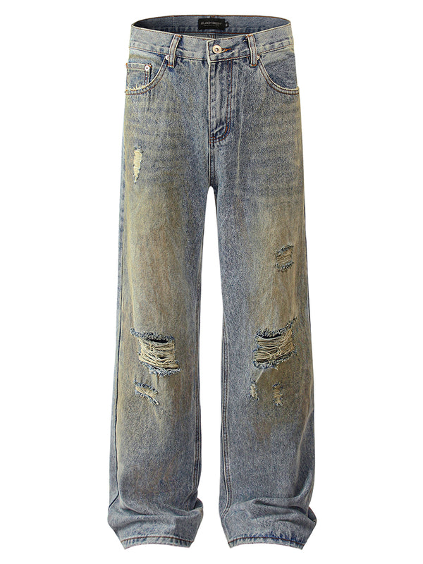 Distressed Hole Wide Leg Jeans Dirty Washed Denim Pants