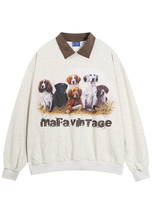 Cozy Dog Graphic Print Contrast Collar Pullover Sweatshirts