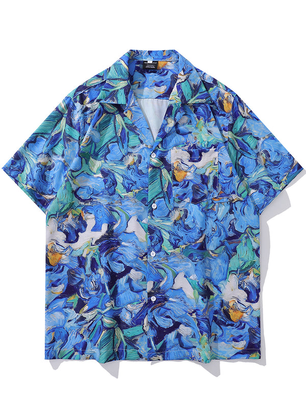 Hawaiian Style Blue Floral Print Holiday Short Sleeve Shirts