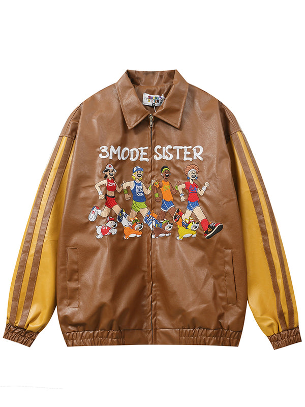 Streetwear Cartoon Embroidery Patchwork PU Leather Jackets