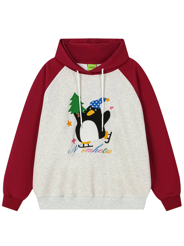 Streetwear Penguin Graphic Embroidery Color Block Pullover Hoodies