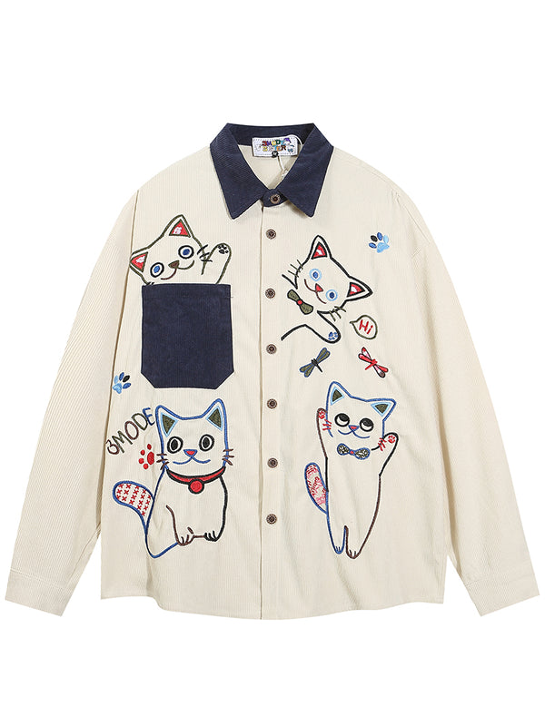 Funny Embroidery Cartoon Cat Corduroy Casual Button Up Shirts