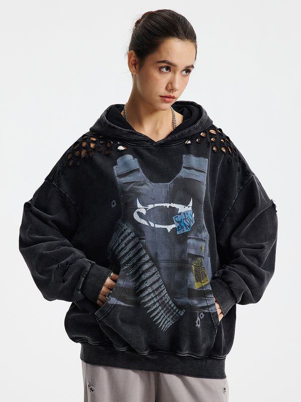 Streetwear Digital Print Ripped Hole Pullover Hoodies Hooded Sweatshirt