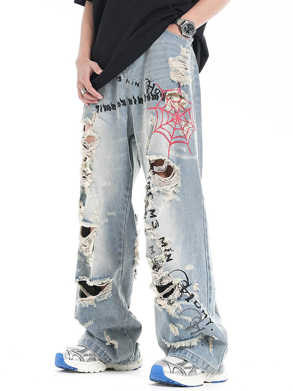 Spider Web Letter Printed Ripped Hole Beggar Streetwear Jeans