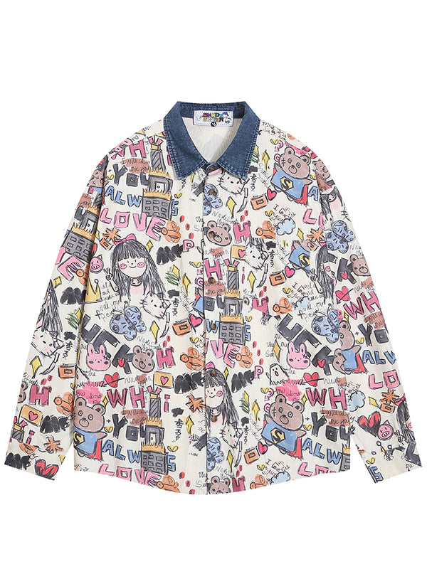 Streetwear Cartoon Graffiti Printed Casual Button Up Shirts