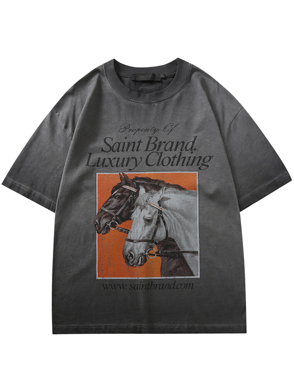 Streetwear Grunge Horse Artwork Graphic Washed T-Shirts