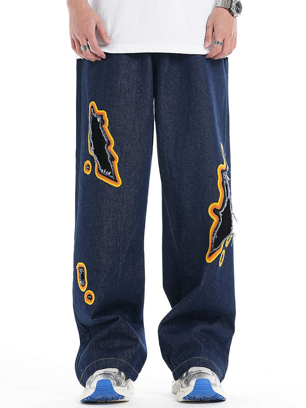 Fire Flame Towel Embroidery Ripped Hole Beggar Jeans