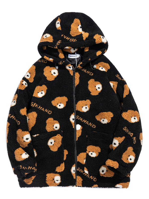 Cozy Teddy Bear Patterned Padded Hooded Jackets Warm Outerwear