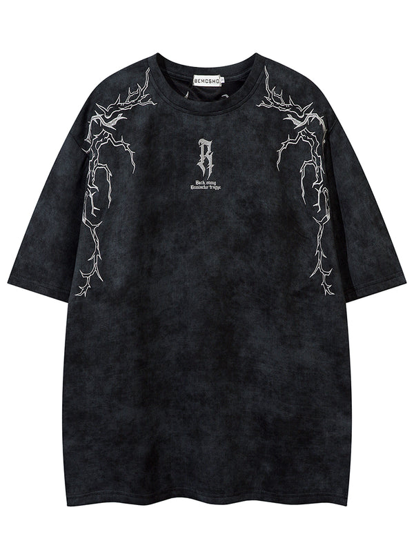 Vintage Faux Suede Oversized T-Shirt with 3D Embroidered Thorn Design
