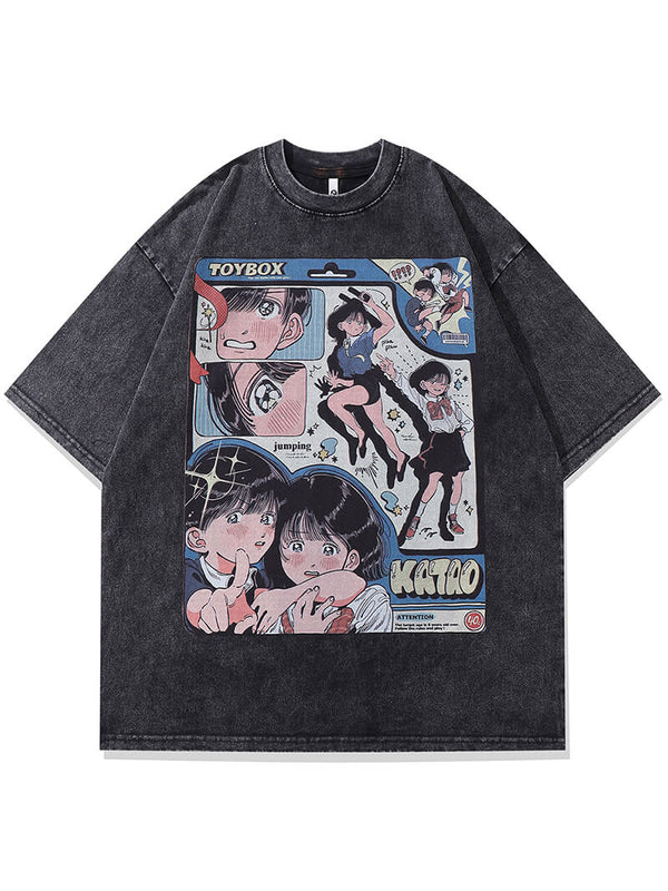 Japanese Style Comics Cartoon Graphic Print Washed Tshirts