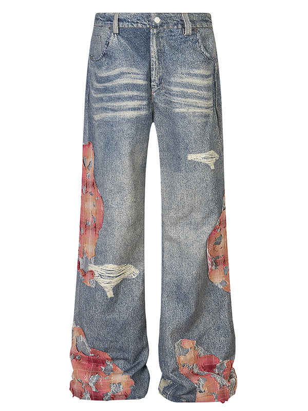 Distressed Ripped Hole Patchwork Washed Wide-Leg Denim Pants Jeans