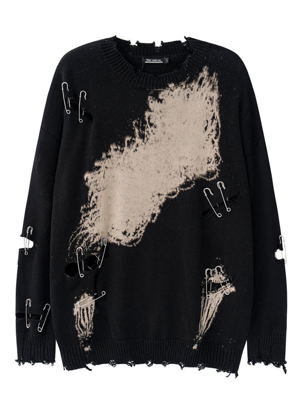 Streetwear Hole Pin Accents Hand-Faded Pullover Sweaters