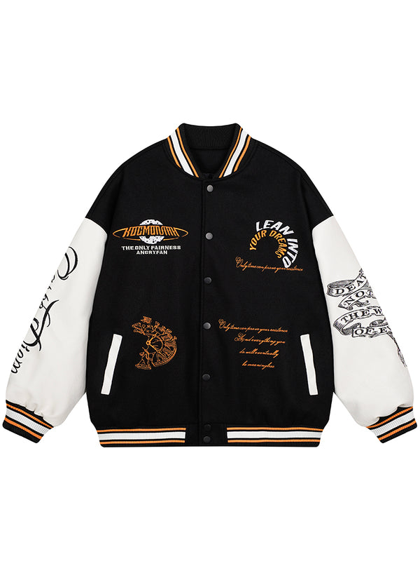 Stylish Varsity Jackets PU Leather Sleeves Embroidered Graphic