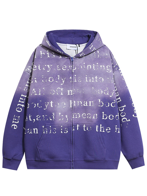 Letter Printed Gradient Tie Dye Oversized Zip Up Hoodies