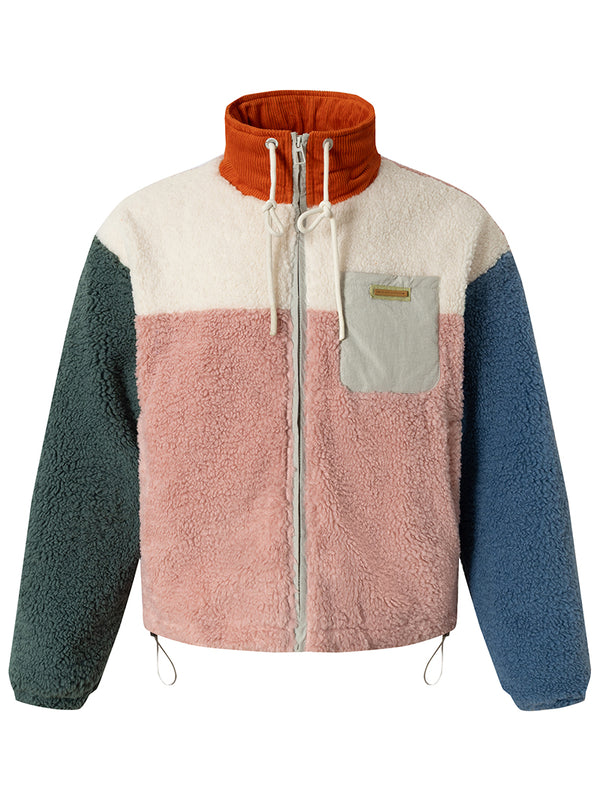 Color Block Sherpa Fleece Padded Jacket – Stand Collar Warm Patchwork Coat