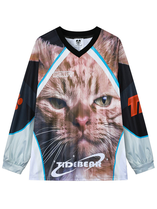 Creative Cat Print Long Sleeve Streetwear Shirt – Oversized Retro Style Top