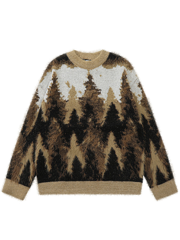 Winter Fuzzy Forest Pattern Oversized Knitted Pullover Sweaters