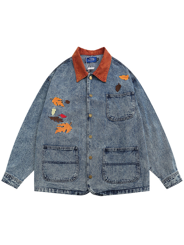 Autumn Leaf Embroidery Vintage Streetwear Denim Jackets