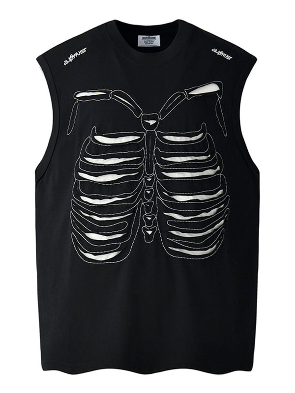 Skeleton Patch Design Ripped Streetwear Vests Sleeveless Tshirts