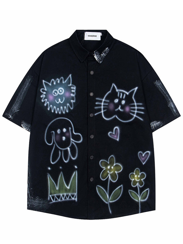 Unisex Graffiti Art Short Sleeve Shirt – Oversized Casual Button-Up