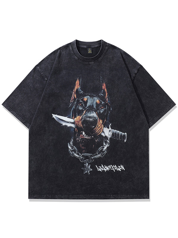 Oversized Streetwear T-Shirt with Fierce Dog Graphic – Vintage Wash