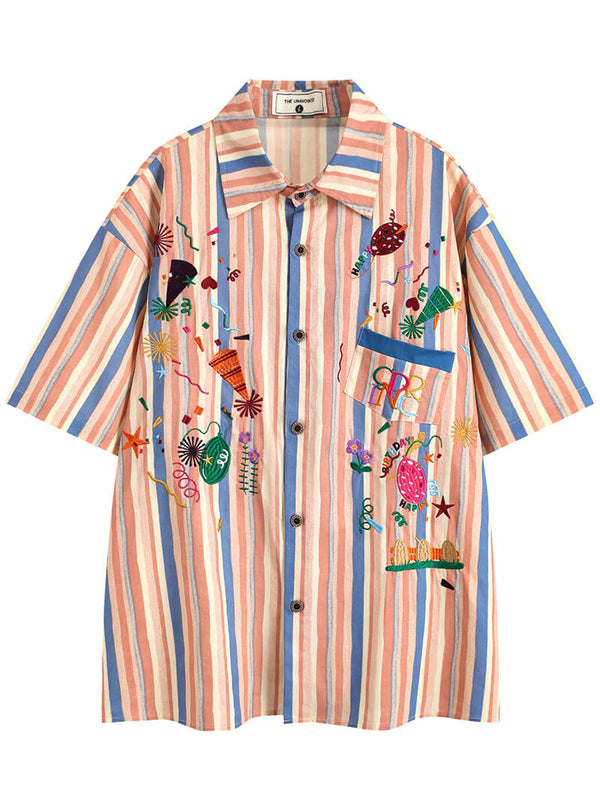 American Style Vintage Striped Embroidery Short Sleeve Shirts