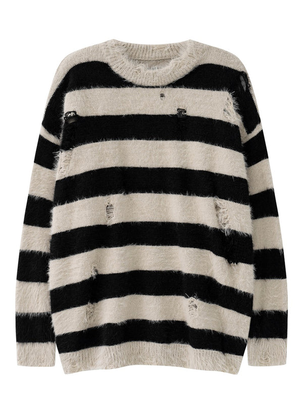 Striped Ripped Hole Oversized Knitted Pullover Sweaters