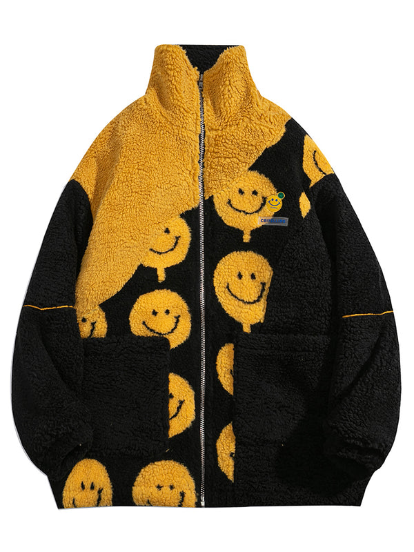 Cozy Smiley Face Patchwork Padded Jackets Warm Outerwear