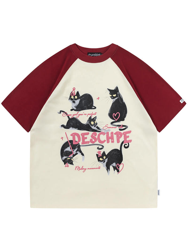 Cartoon Cat Graphic Printed Patchwork Streetwear Tshirts