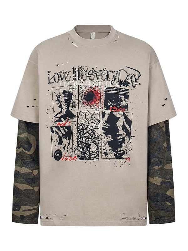 Streetwear Oversized Graphic Cotton T-Shirts with Layered Camouflage Sleeves