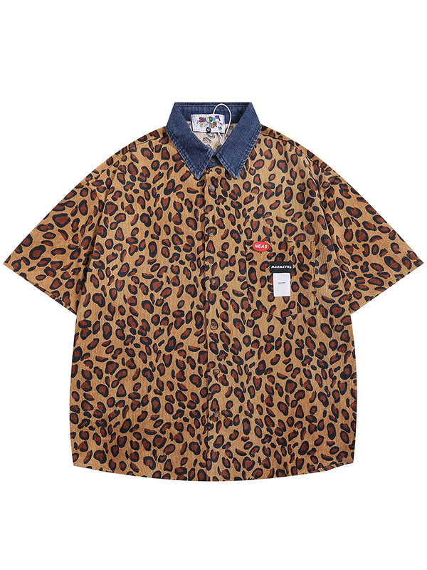 Denim Collar Leopard Print Casual Button Up Short Sleeve Shirts