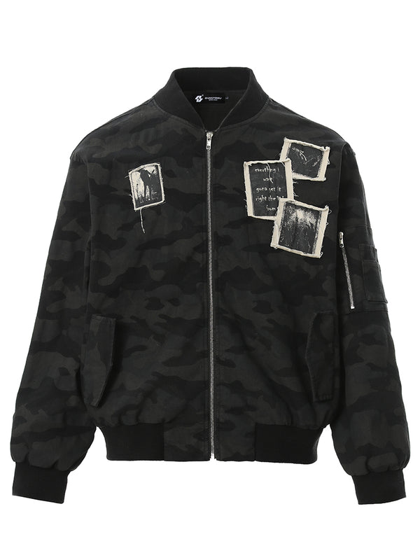 Streetwear Camo Bomber Jacket with Patchwork and Graffiti Details