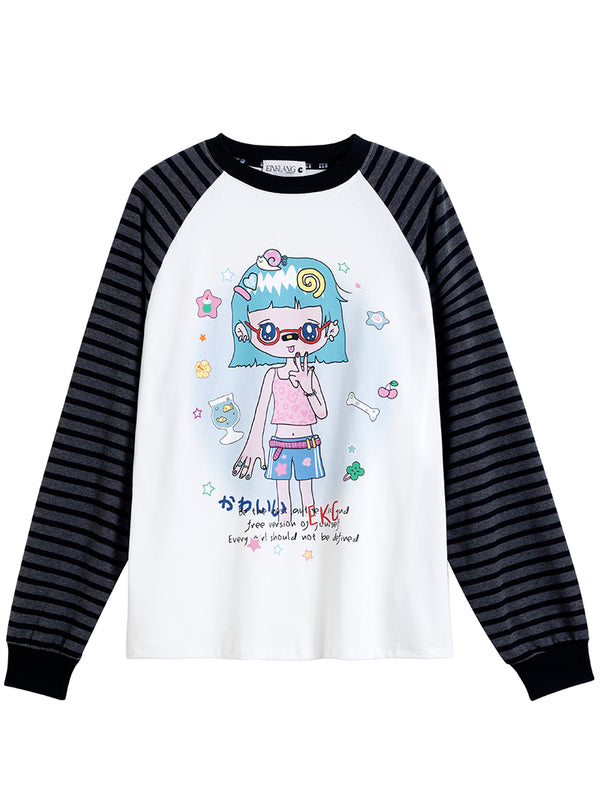 Color Block Cartoon Graphic Long Sleeve T-Shirts Casual Streetwear