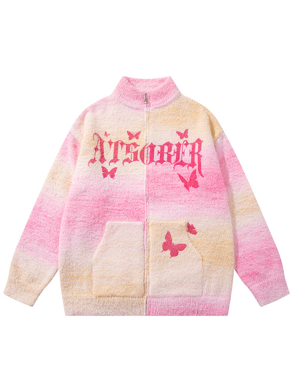 Gradient Butterfly Print Oversized Zip-Up Sweater Outerwear Jackets