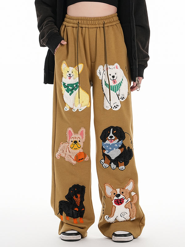 Streetwear Dog-Themed Embroidered Sweatpants Joggers