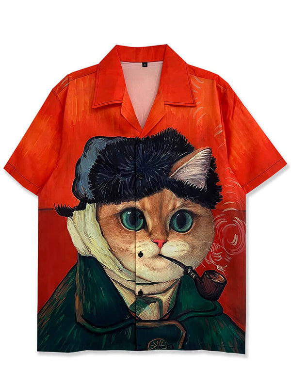 Funny Cartoon Van Gogh Cat Graphic Print Hawaiian Beach Shirts