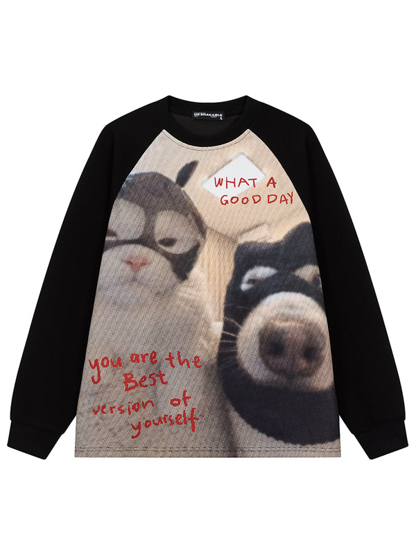 Oversized Raglan Sleeve Long Sleeve T-Shirt with Dog Graphic
