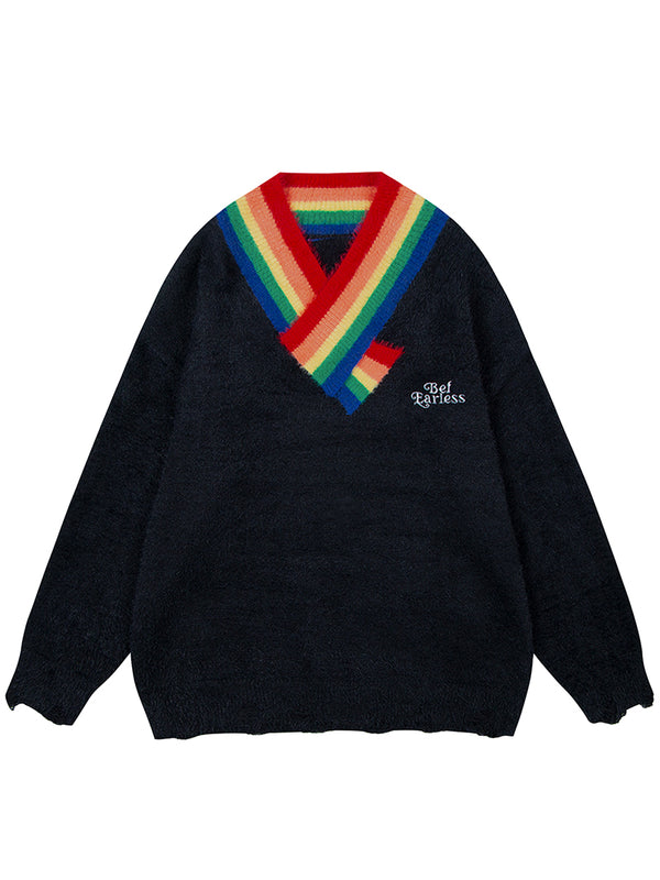 Streetwear Rainbow V-neck Oversized Knitted Pullover Sweaters